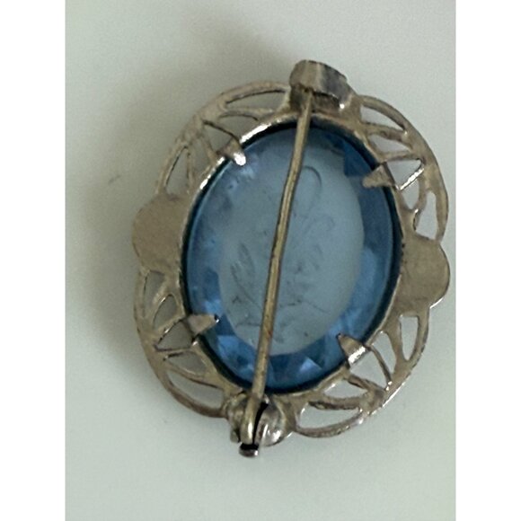 Vintage 30's Blue Glass Flower Intaglio Brooch Rhodium Plated - Picture 7 of 8